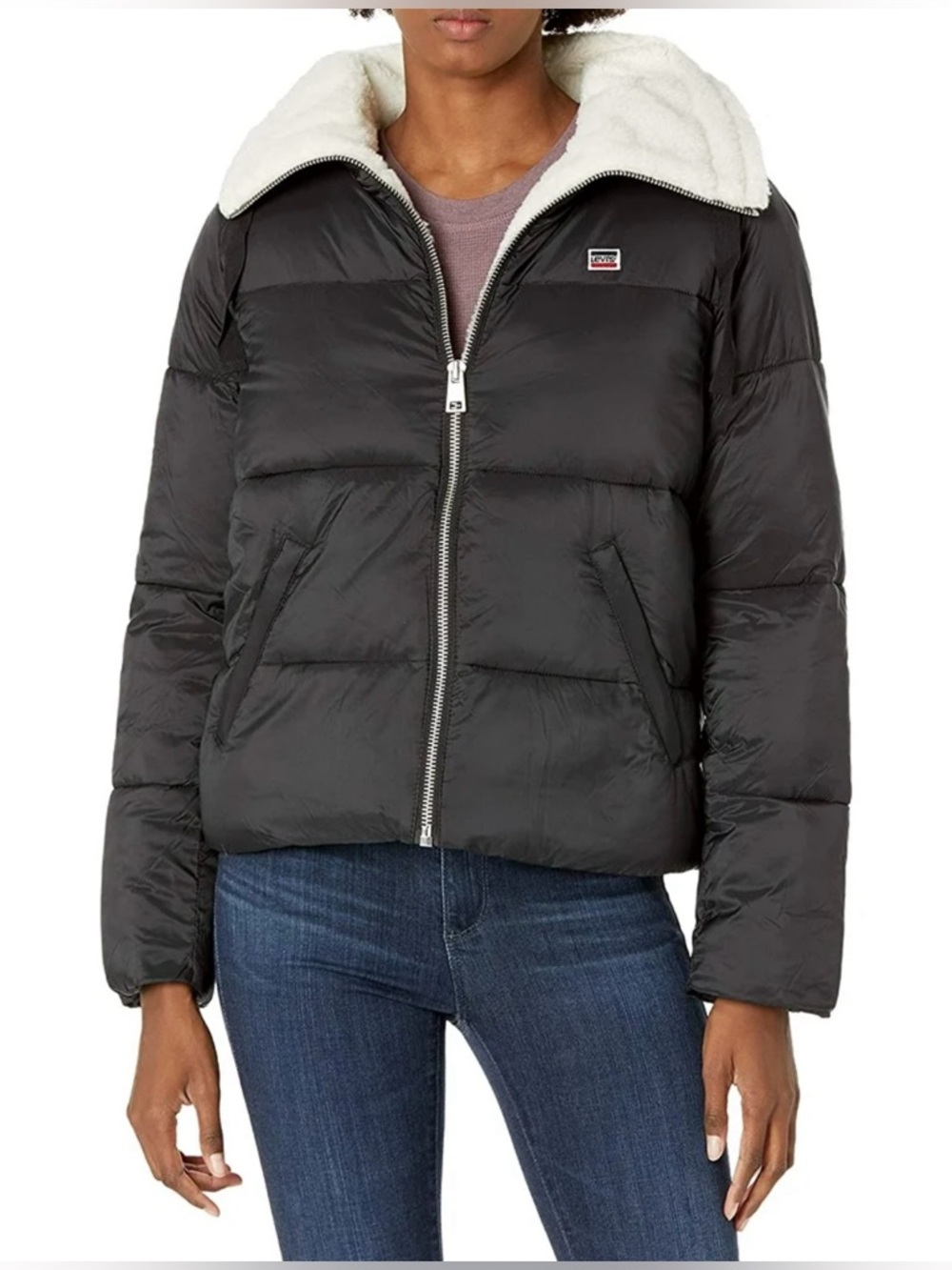 Levi's Ladies Faux Fur Sherpa Lined Black Puffer Jacket